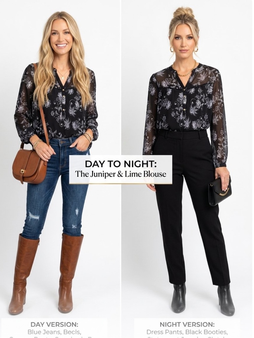 Juniper & Lime Black and White Floral Women's Blouse Fully Lined Gold Buttons